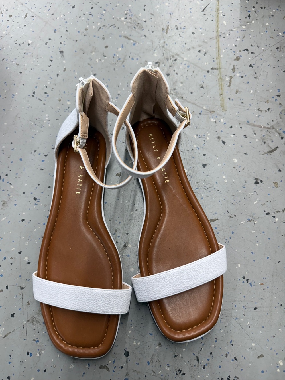 Kelly & Katie White Ankle-Strap Flat Sandals with Tan Footbed